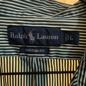 Ralph Lauren custom fit. Large, green & white striped, horse (purple)